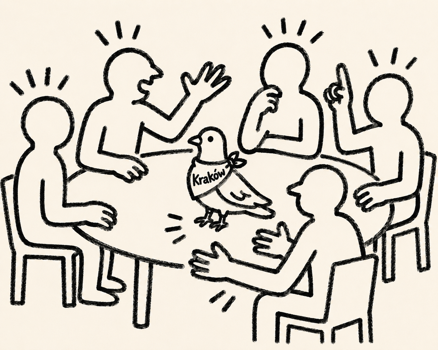 Illustrated people gathered around a table with a Kraków pigeon