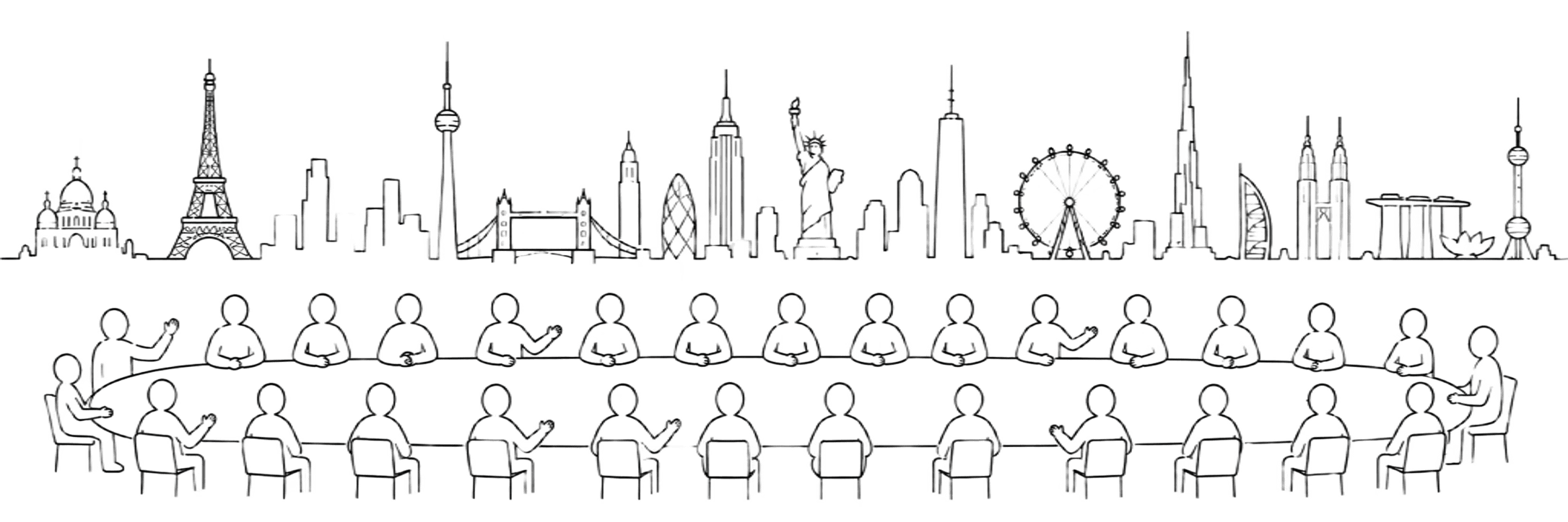Illustrated skyline with people gathered at a long table