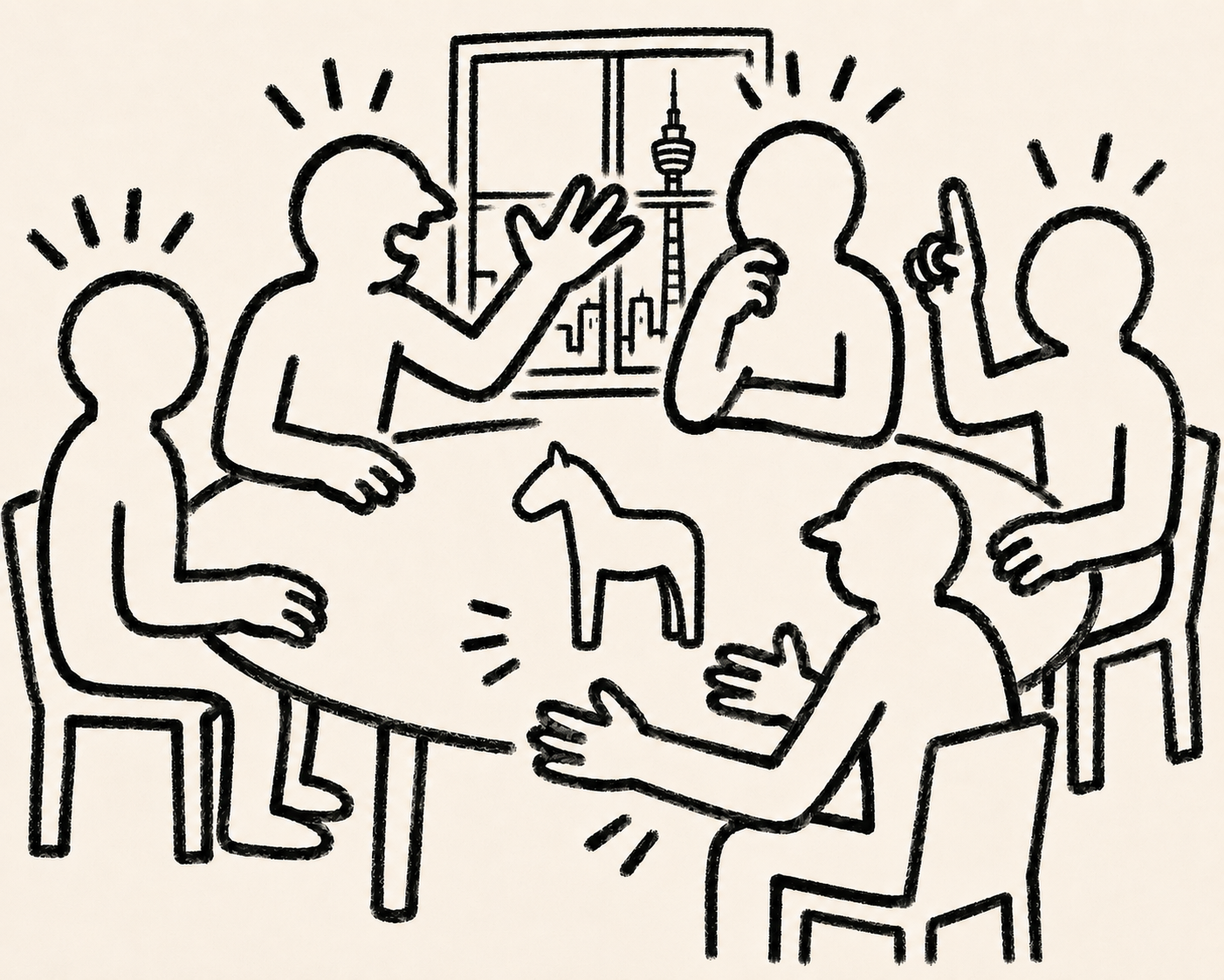 Illustrated people gathered around a table with Toronto skyline