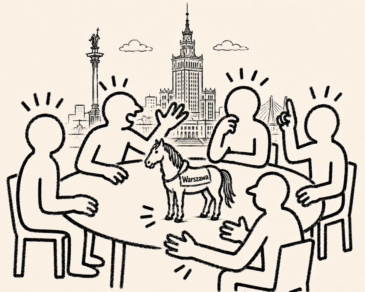 Illustrated people around a table with the Palace of Culture and a Warszawa horse figurine