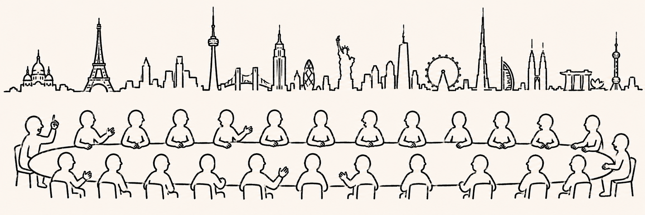 Illustrated skyline with people gathered at tables